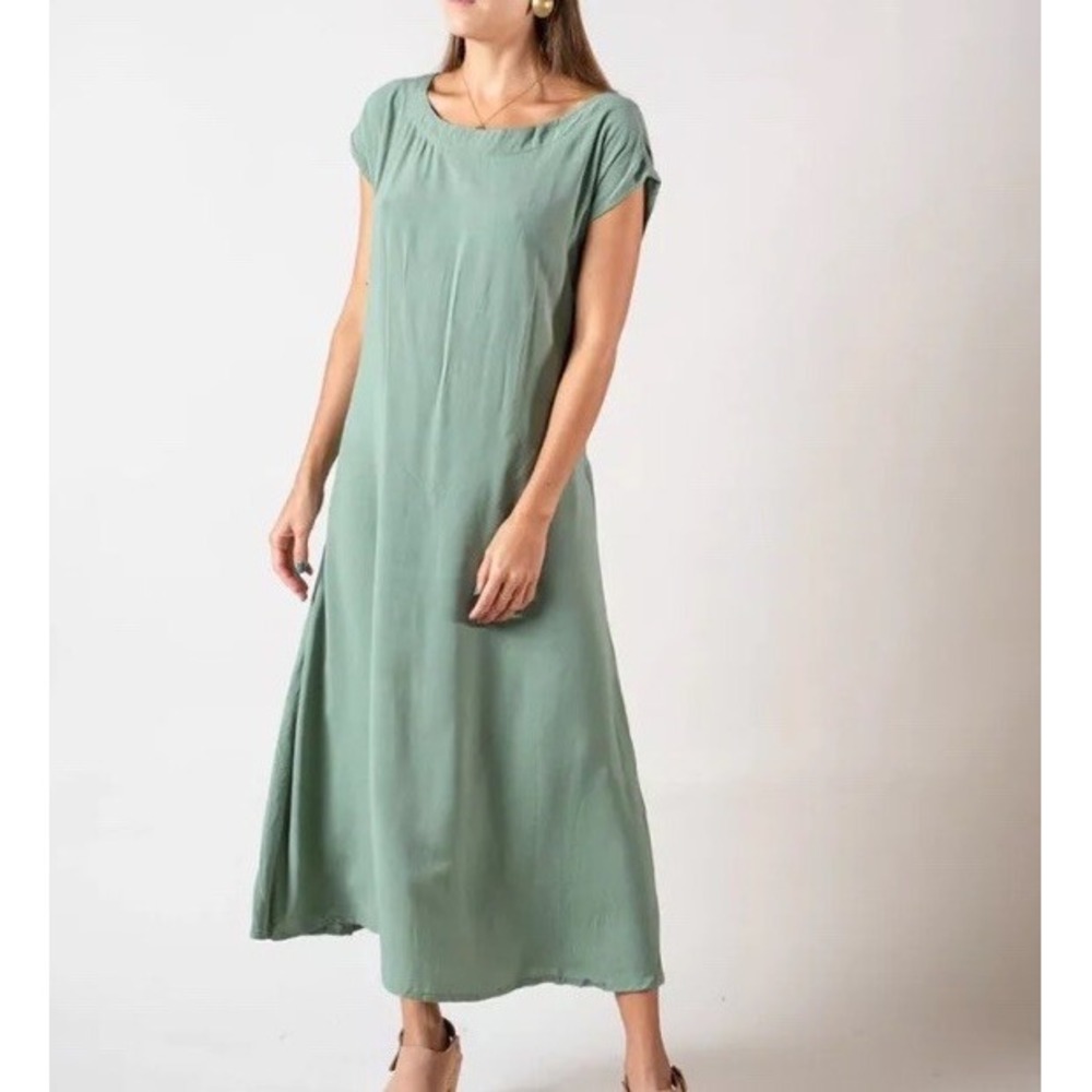Tonle Sofia Tie Waist Midi Dress Sage Green Size XXL Relaxed Fit Short Sleeve